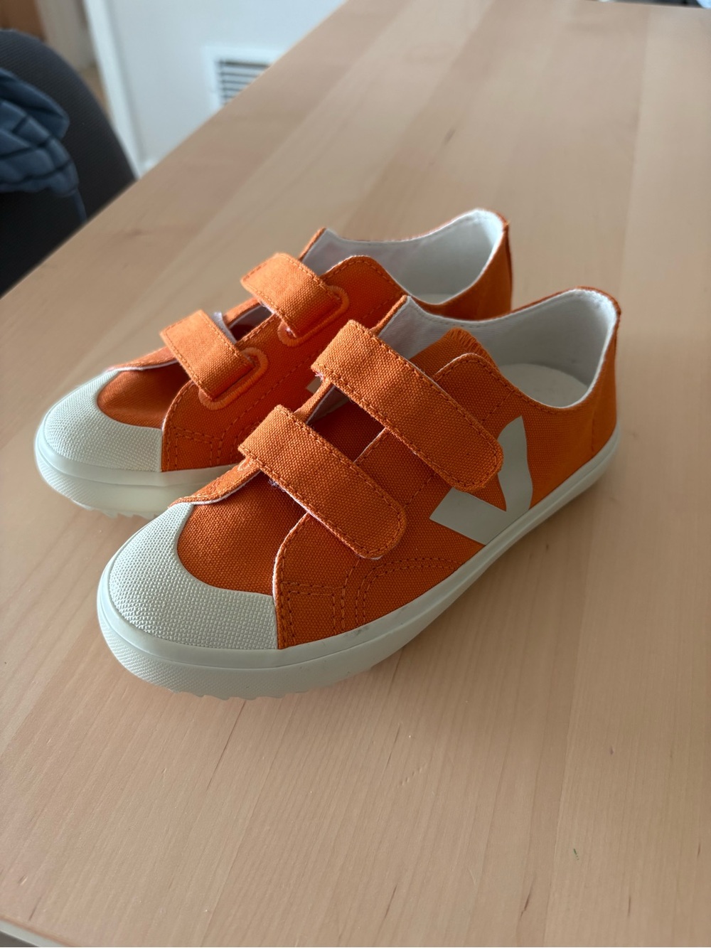 Veja Kids Orange Canvas Velcro Sneakers with White V Logo